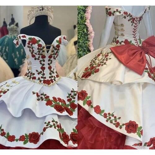 Floral Embroidery Quinceanera Dresses Charro Off The Shoulder Bow Tiered Satin Ball Gown Prom Dress 7th Grade Sweet 15 Dress