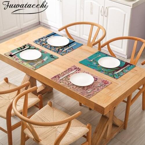 Fuwatacchi Tree Flower Printed Dining Table Placemats Linen Non-slip Mats Kitchen Decorative Tableware Pad Coaster Cork Napkins