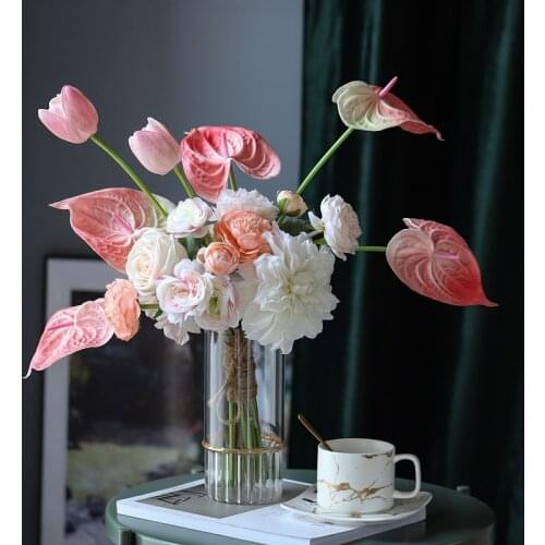 5/10Pcs Real Touch Anthurium Plant Artificial Flowers For Wedding Bouquet Bridal Home Vase Decoration Fake Flowers Arrangement