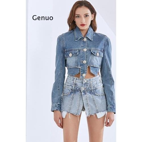Casual Denim Short Tops for Women Lapel Long Sleeve Patchwork Tassel Jacket Female Fashion New Clothing Tide