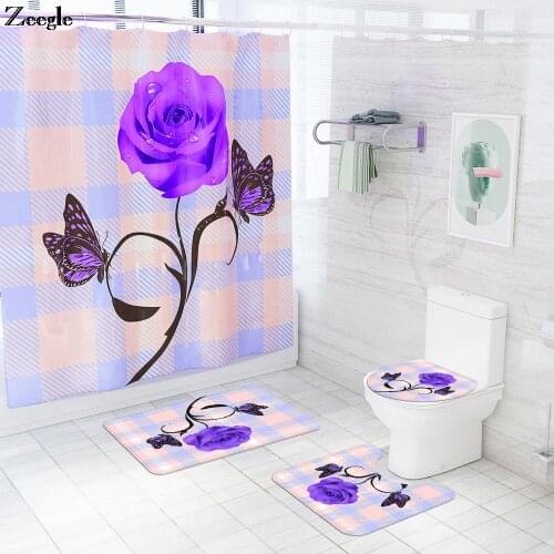 Floral Printed Bath Mat and Waterproof Shower Curtain Set Toilet Water Absorbing Bath Mat Bathroom Carpet Rugs Bathroom Set