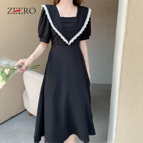 Summer Korean Female Slmi Lantern Sleeve Midi Dresses Women Vintage Lapel Backless Lace Stitching Chffion A-line Black Dress XL