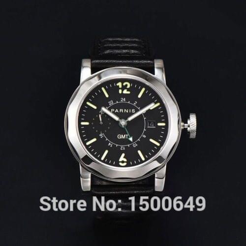 Parnis 44mm black dial Steel Sapphire Glass Automatic GMT date mens Watch