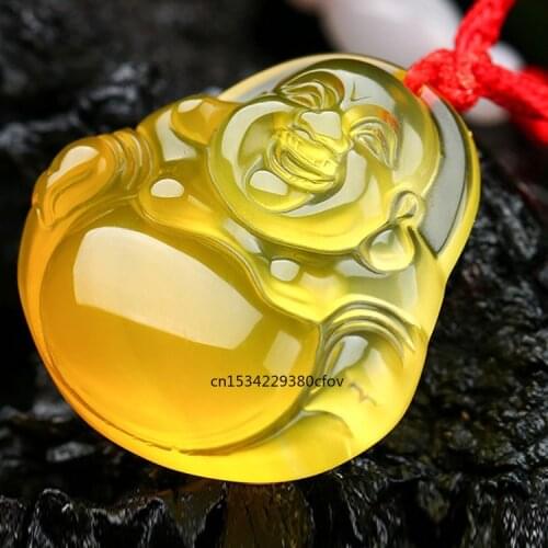 Natural Yellow Agate Buddha Pendant Jadeite Necklace Charm Jewellery Fashion Accessories Hand-Carved Luck Amulet Gifts
