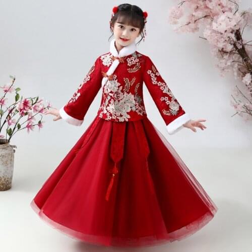 Girls' Hanfu New Years Clothing Childrens Warm Cheongsam Chinese Tang Suit Kid Winter Plus Velvet Cute Embroidery Party Dress