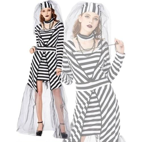 New Black And White Stripe Prisoner Bride Costume For Halloween Stage Performance Women Cosplay Veil Bride Dress