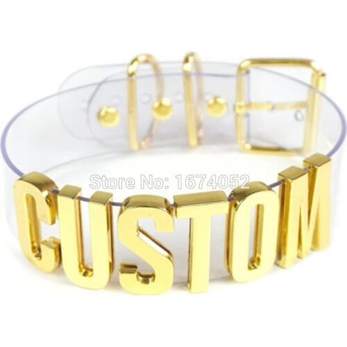 Handmade Choker Customized Custom Cosplay Choose Letter Name Word Collar Clear PVC Gold 35mm Tall Alpabet Necklace