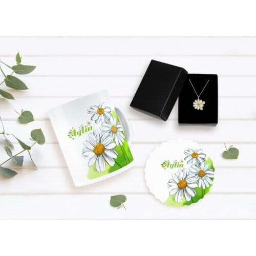 Personalized Daisy Themed Mug Coaster and Double Is Daisy Necklace Seti-7