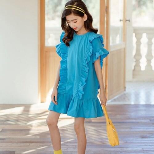 2021 New Spring Summer Teen Girls Dress Blue Fashion Patchwork Children Clothing Dresses 100% Cotton Short Sleeve Baby Clothes