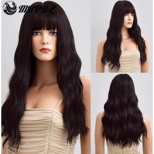 Daily Black Long Wave Natural Synthetic Wig With Bangs For White Women Middle Part Heat Resistant Female Cosplay Wavy Fiber Wigs