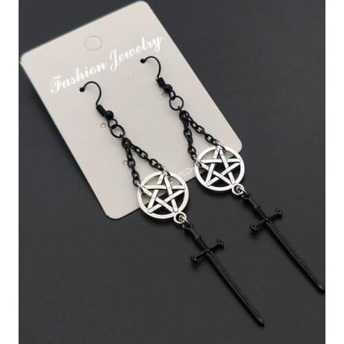 Witchs Rites Earrings Pentagram Pendant Darkly The Sacred Black Sword Gothic Jewelry Fashion-forward Black Chain Women Gift