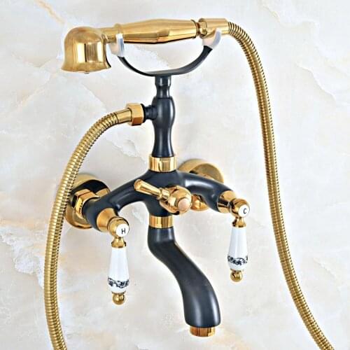 Black Oil Rubbed & Gold Brass 2 Handle Wall Mount Bathroom Bath Tub Faucet Set with 1.5M Hand Held Shower Spray Mixer Tap 2na439