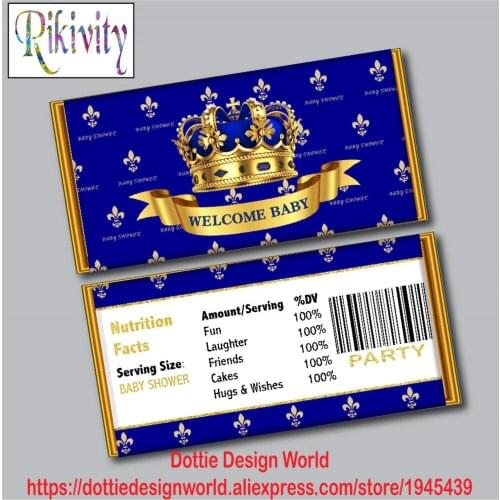 Navy Blue Gold Crown Prince Birthday Hershey Chocolate Candy Bar Wrapper Sticker Wine Water Bottle Labels Baby Shower Decoration