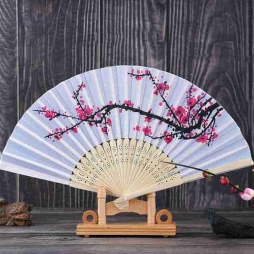 Vintage Bamboo Floral Print Folding Fans Summer Girls Dancing Fan Plum Print Folding Hand Fans White Polyester Fan Chinese Decor