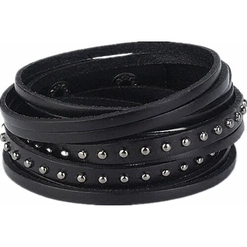2019 Vintage Punk Rivet Leather Bracelets Women Men Rock Black Man Fashion 2 Rounds Snap Button Bracelet Jewelry Pulseras Mujer
