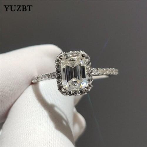 YUZBT Women 925 Silver 1-2 Carat Emerald Gemstone Ring Excellent Cut Diamond Test Past D Color Rectangle Moissanite Wedding Ring