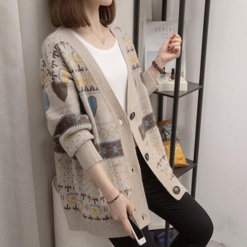 Jacquard knitted cardigan 2021 autumn and winter fashion new style loose long-sleeved v-neck blouse retro sweater female jacket
