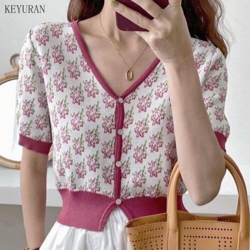Floral Hit Color Knitted Shirt Thin Cardigan Sweater 2021 Summer Women New V Neck Single Breasted Short Sleeve Knitwear Crop Top