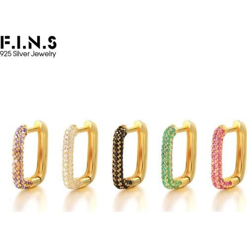 F.I.N.S 1PC Half Crystal Rectangle Hoop Earrings for Women Colorful CZ Huggie Ear Buckles Cartilage 925 Sterling Silver Jewelry