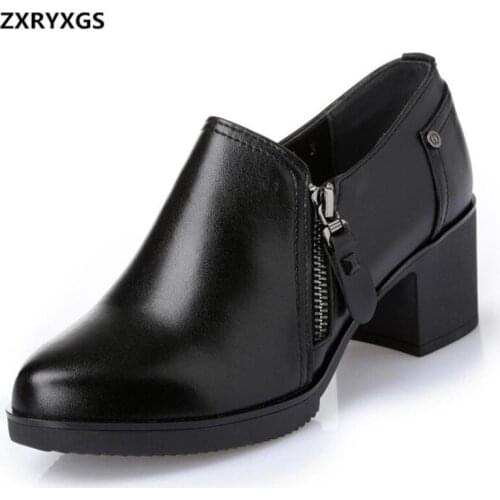 2019 Spring Autumn Cowhide Leather Shoes Woman Shoes Thick with High Heels Deep Mouth Casual Soft Bottom Women High Heel Shoes
