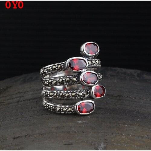 100%S925 sterling silver jewelry precision fashion atmosphere garnet inlaid womens Thai silver ring