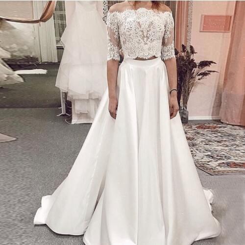 Two Pieces Wedding Dresses With Half Sleeves 2019 New Vestido De Novia Lace Top Satin Skirt Wedding Dresses Sweep Train Custom