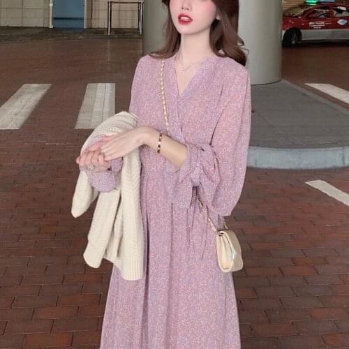 Floral Vintage Evening Party Midi Dresses Women Purple Print Sweet Korean Fashion Dress Retro France One-piece Dress Autumn 2021