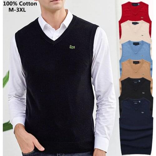 100% Cotton High Quality Autumn Winter Mens V-Neck Knitted Vest Casual Sleeveless Mens Sweaters Fashion Brand Male Tops M-3XL