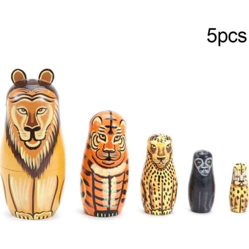 5Pcs/Set Hand Painted Lion Animal Wooden Nesting Dolls Matryoshka Figurines Toy