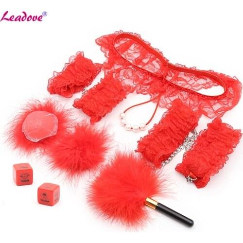 6pcs/kit Lace Adult Games Fetish Bdsm Set Under-wear Handcuffs Nipple Cover Sticker Feather Whip Dice Sex Toys for Women PG0156