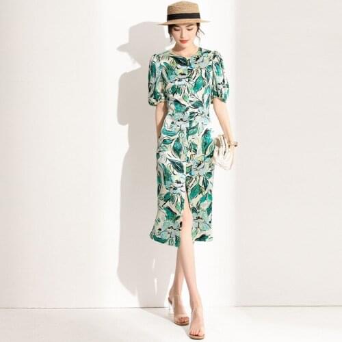 Acetate printed green floral dress bubble sleeve women summer long work boho office sexy party luxury dresses plus size loose