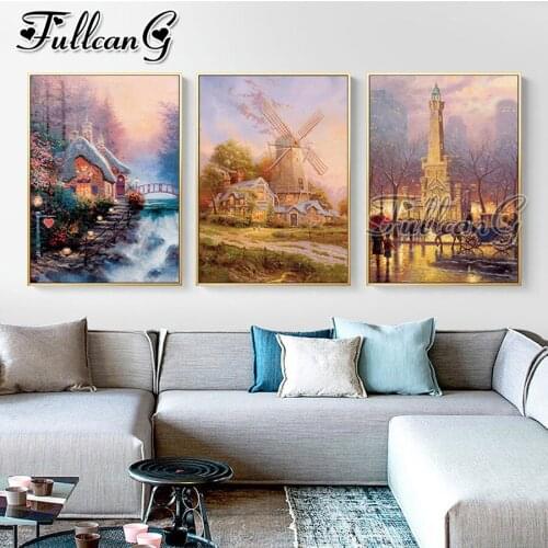 FULLCANG 5d diy diamond embroidery sale windmill hut castle diamond painting triptych full square round drill decoration FC3144