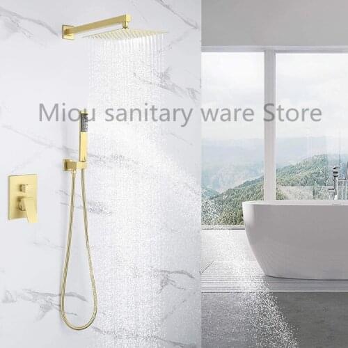 Solid Brass Bathroom Shower Set Rianfall Shower Head Shower Faucet System Wall Mounted Shower Arm Mixer Water Sets Brushed Gold