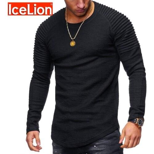 IceLion 2021 O-Neck T Shirt Men High Quality Fold Solid T-shirt Autumn Comfortable Long Sleeve Casual Brand Mens Tshirt