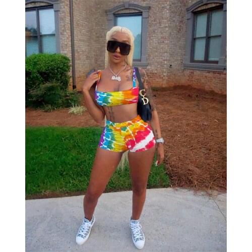 Summer Tie Dye Print Shorts 2 Piece Outfits Sexy Lounge wear Vest Crop Top + Biker Shorts Bodycon Slim Two Piece Set Workout