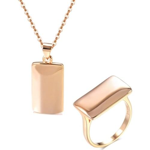 Gulkina Hot Fashion Glossy Pendant Necklace Ring Sets 585 Rose Gold Square Ring For Women High Quality Daily Fine Jewelry