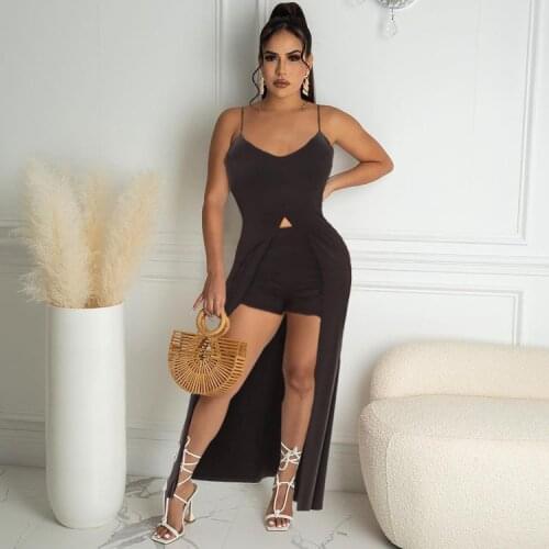 2021 High Quality New Design 2 pcs Women Set Solid Spaghetti Strap X-long Tops and Shorts Summer Casual Outfits