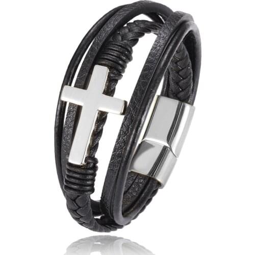 Multilayer Black Braided Leather Cross Punk Wrap Bracelet for Men Wrist Jewelry