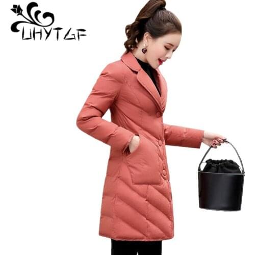 UHYTGF Fashion Winter Jacket Women Coats Lapel Female Parka Outerwear Thin Down Cotton Jacket Single-Breasted Female Long Coat