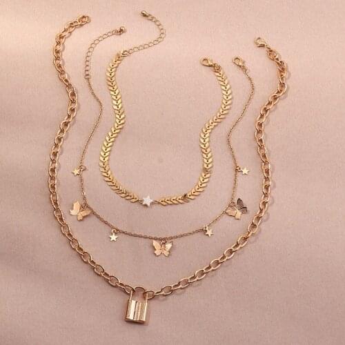 Trendy Cute/Romantic Metal Necklaces Womens Butterfly Padlock Three Layers Golden Pendant Necklaces Jewelry for Girls Party