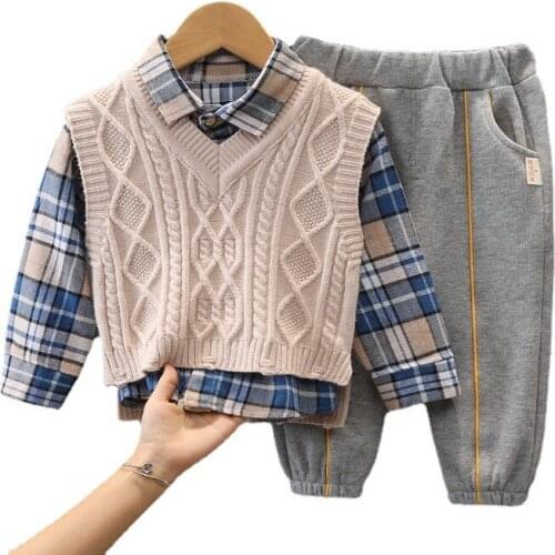 New Spring Autumn Baby Boys Clothes Suit Children Cotton Vest Plaid Shirt Pants 3Pcs/Sets Toddler Casual Costume Kids Tracksuits