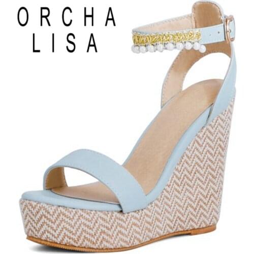 ORCHA LISA 2021 Slingbacks Sweet Beading Mixed Color Open Toe Ankle Buckle Strap 12.5cm Wedge Sandal With Platform Size 30-48