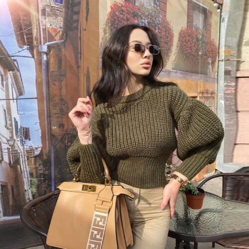 Autumn And Winter Long-sleeved Knitted Womens Solid Color Loose Warm Sweater Womens Cotton Lantern Womens Casual Wear 2021
