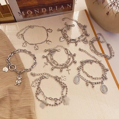 Punk Women Silver Color Thick Chain Charm Bracelet Fashion Cross Love Heart Bear Metal Pendant Bracelet Fashion Jewelry Gift