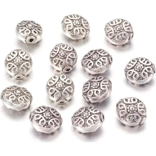 20pcs Flat Round Beads Tibetan Style Spacer Beads for Jewelry Bracelet Necklace Making DIY Antique Silver Color 11x11mm