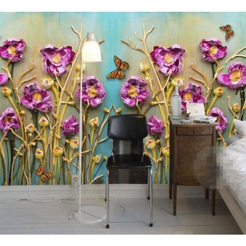 Hand painted blue bottom poppy flower personality wallpaper retro flowers abstract background wall home decoration mural