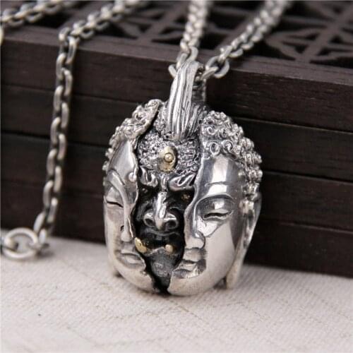 S925 Sterling Silver Retro Thai Silver Necklace Individuality Domineering Buddha Statue Pendant Between Mens Models