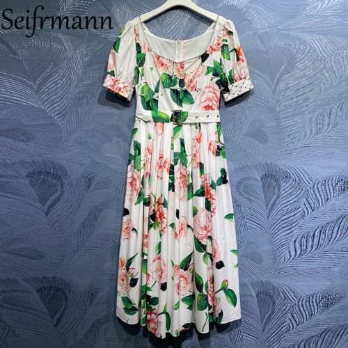 Seifrmann New 2021 Summer Women Fashion Designer Cotton Dress Lantern Sleeve Gorgeous Beading Sashes Floral Print Ladies Dresses