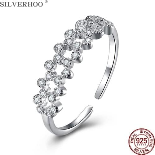 SILVERHOO Genuine Sterling Silver 925 Jewelry Women Rings Shiny 5A+ CZ Cubic Zirconia Hollow Out Adjustable Open Engagement Ring