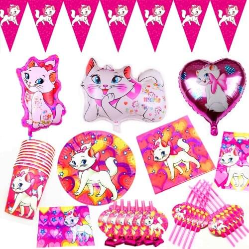 Marie Cat Theme Party Decoration Tableware Paper Cup Plate Napkin Banner Straw Baby Shower Balloon Kids Birthday Party Supplies